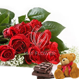 12 Red Roses with Stuffed Toy and Chocolate