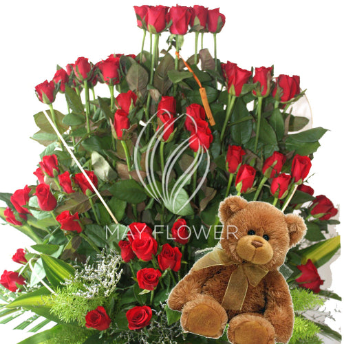 100 Red Roses with Stuffed Toy Main image