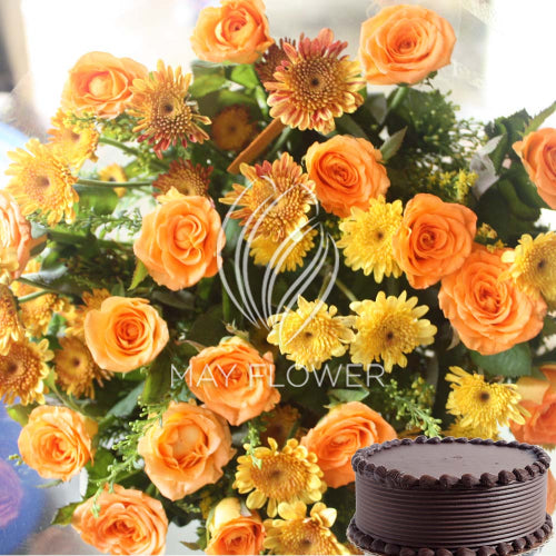 Colorful Roses With Cake Hand Bunch